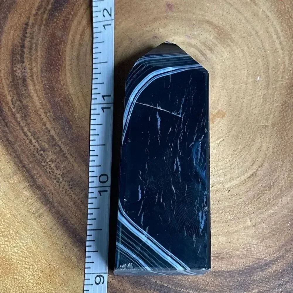 Black lace agate tower 4-sided druzy crystal banded banding, onyx, emotional hea